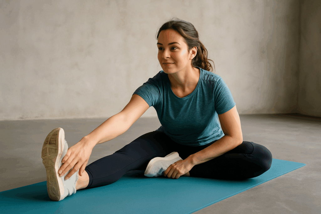 Full-body active recovery routine demonstrated by a woman